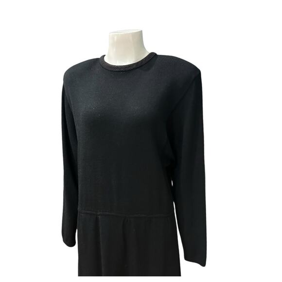Vintage St. John Black Knit Sweater Dress Long Sleeve Open Deep V Back / Large - Picture 2 of 4